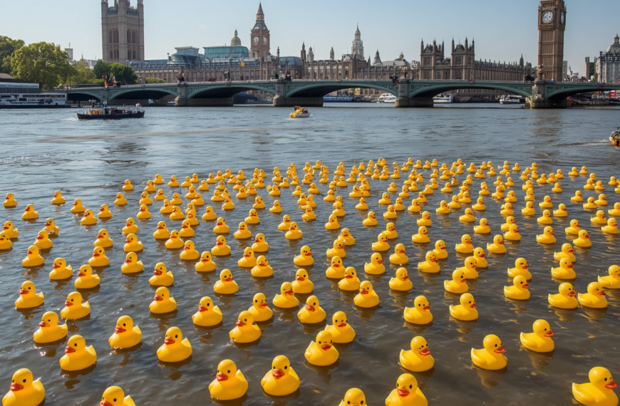 100 rubber ducks on the river thames with London Bridge in the background