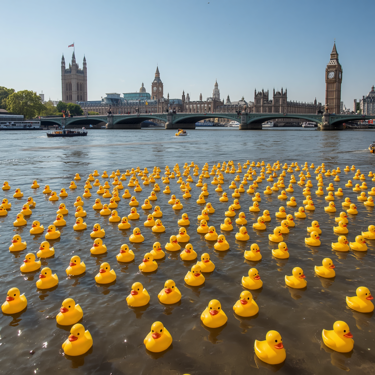 100 rubber ducks on the river thames with London Bridge in the background