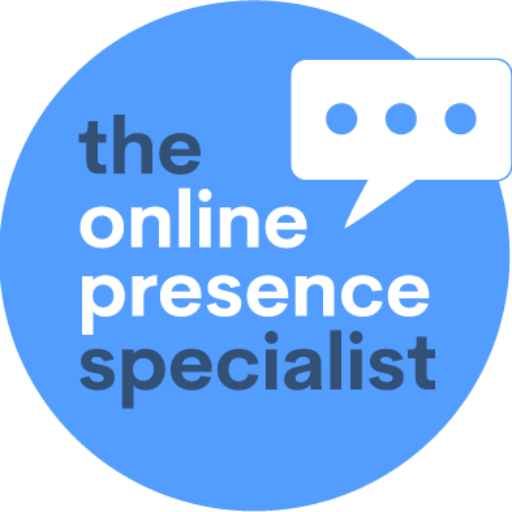 online presence specialist kent logo a blue circle with the business name inside with a square speech bubble from a chat or text message popping out of the right hand side
