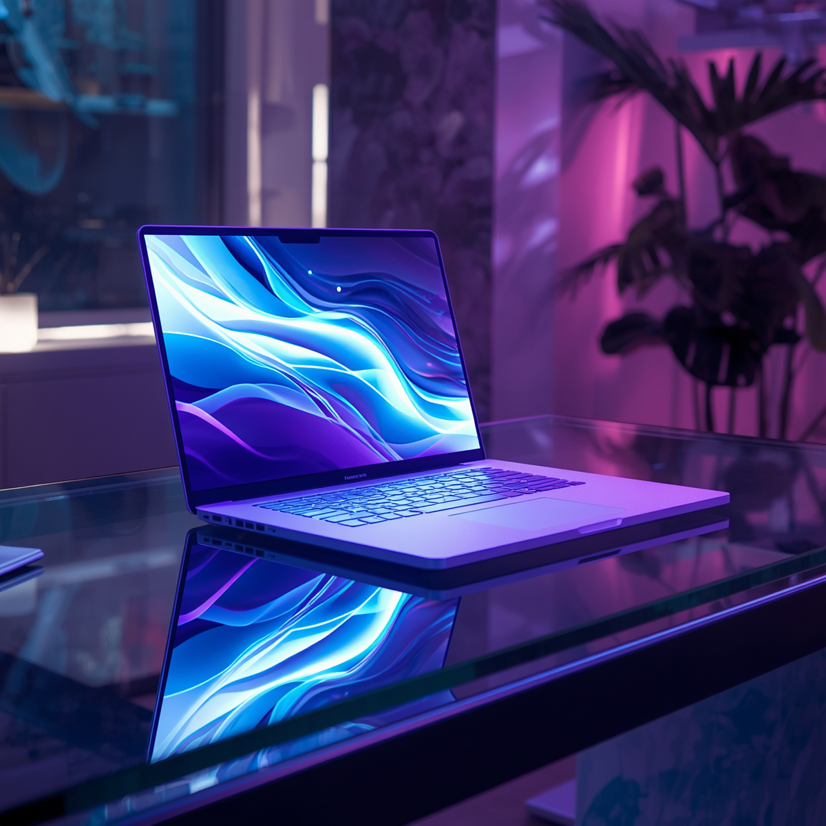 Do I need a website if I have social media? a glowing neon purple laptop in a cool dark room with purple lights and a house plant silhouette