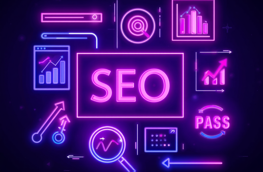 purple neon sign with SEO in the centre surrounded by neon graphs and magnifying glasses on a black background