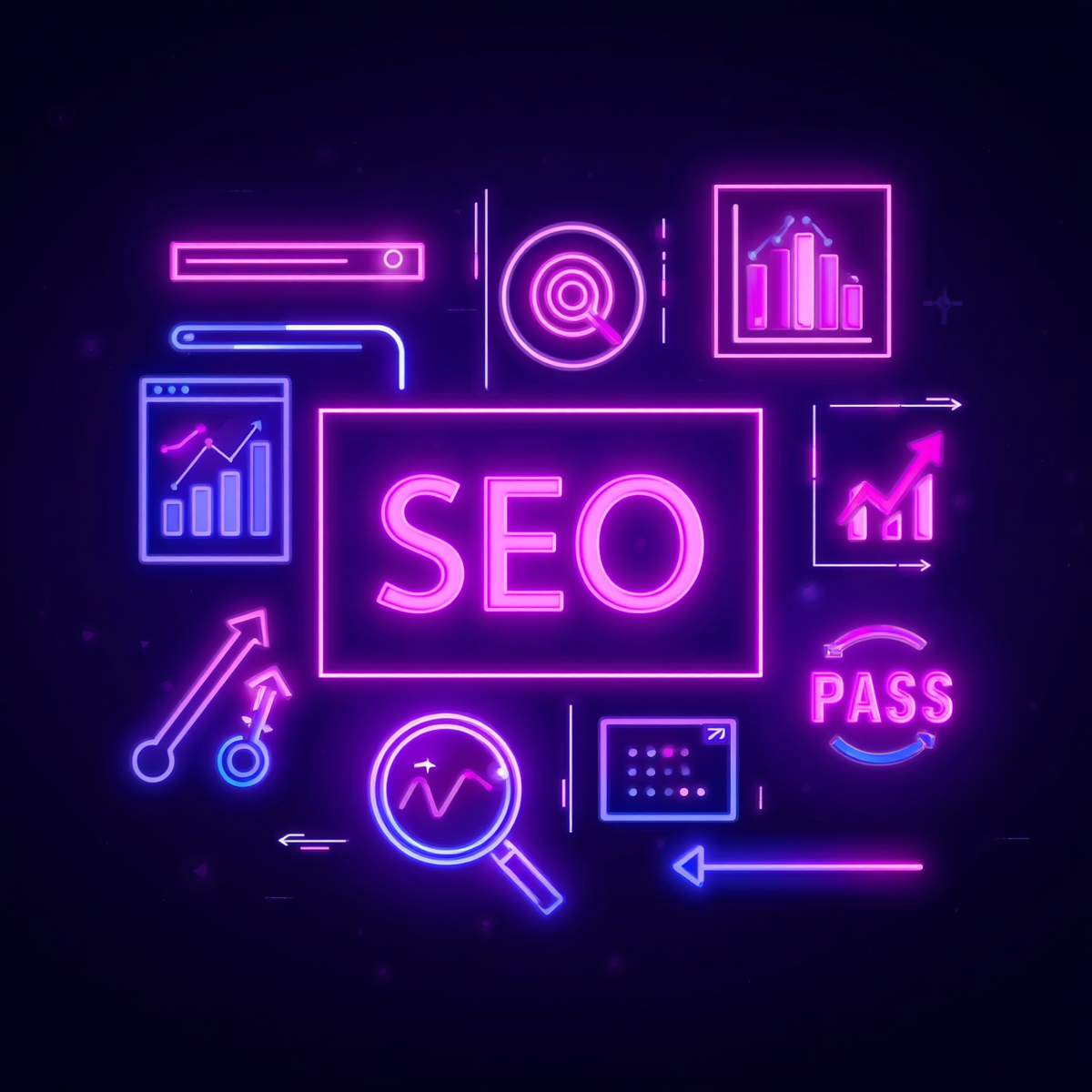 purple neon sign with SEO in the centre surrounded by neon graphs and magnifying glasses on a black background