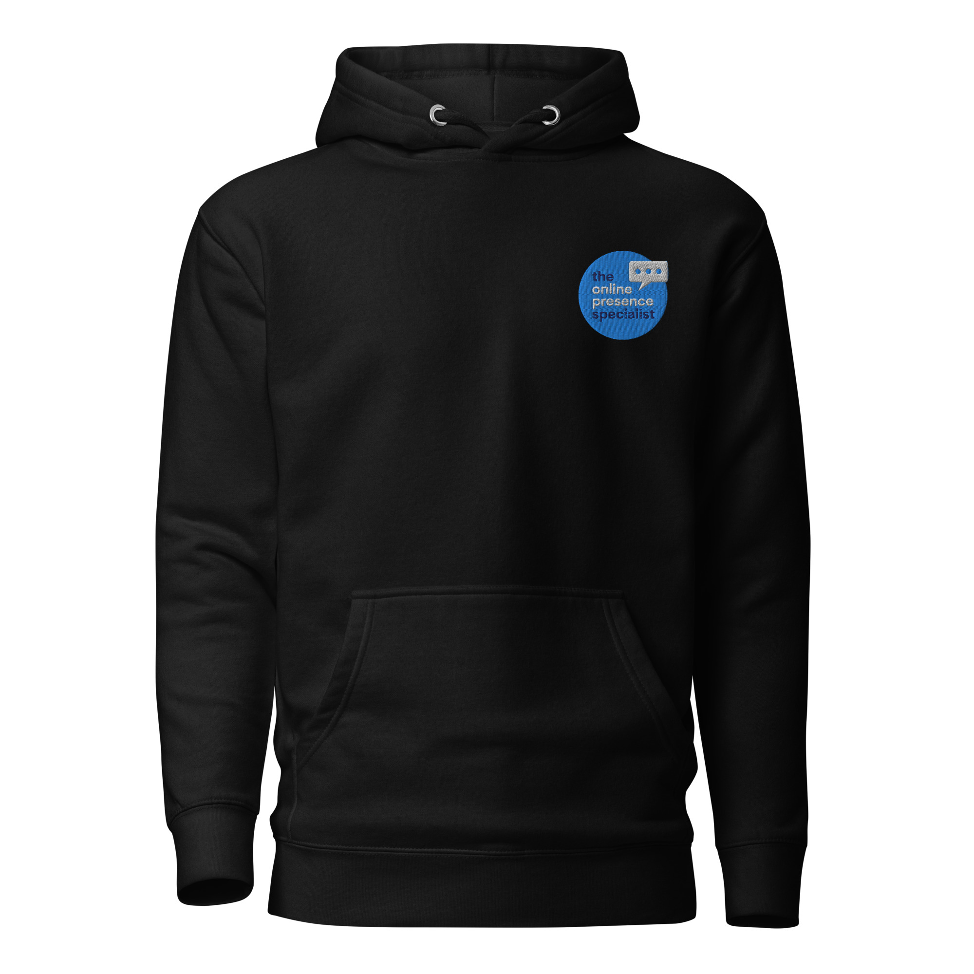black online presence specialist logo hoodie merch