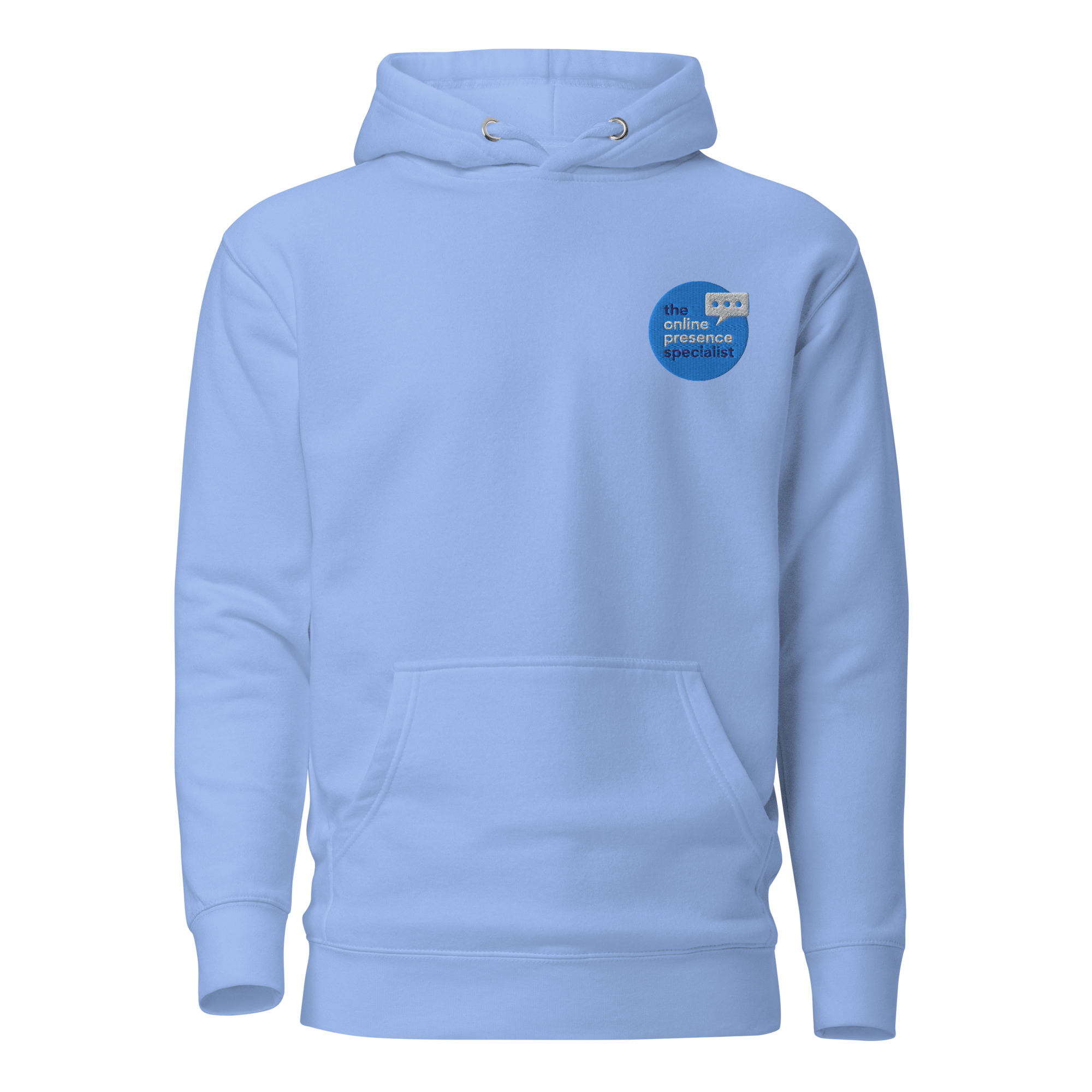 Carolina blue cotton hoodie with the online presence specialist logo on the left lapel