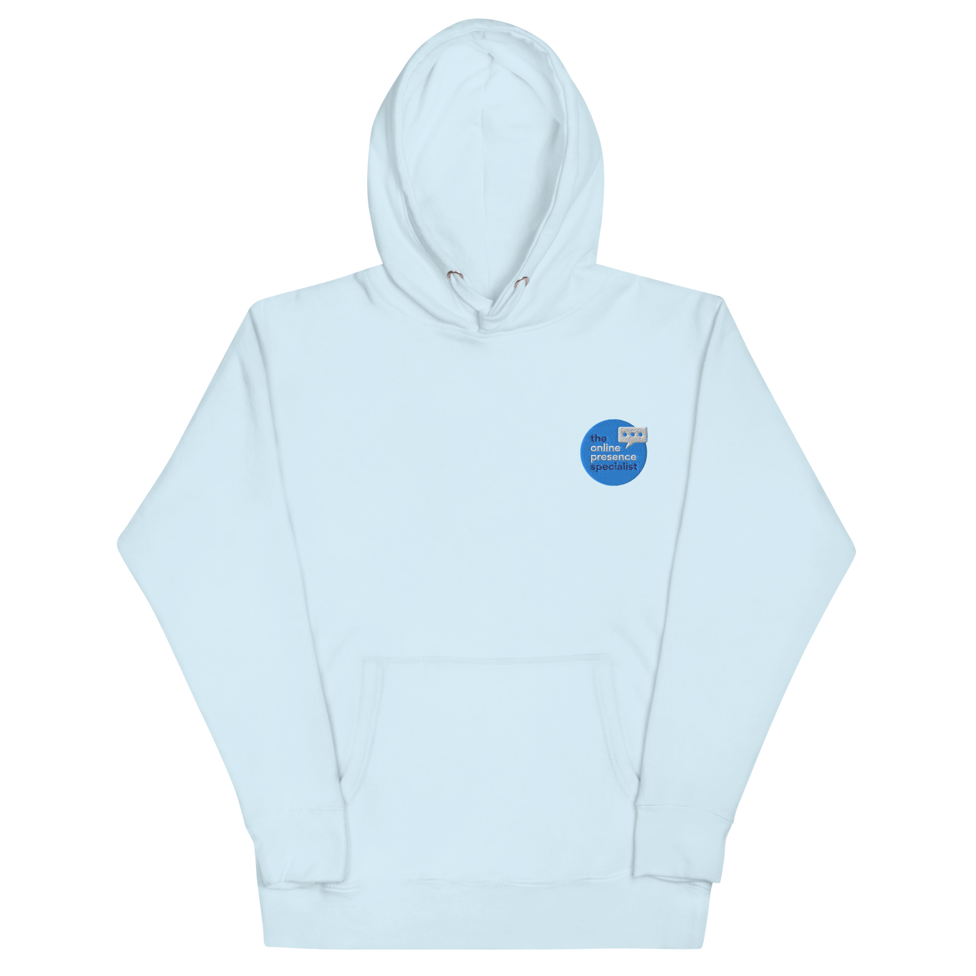 sky blue hoodie flat image online presence specialist merch