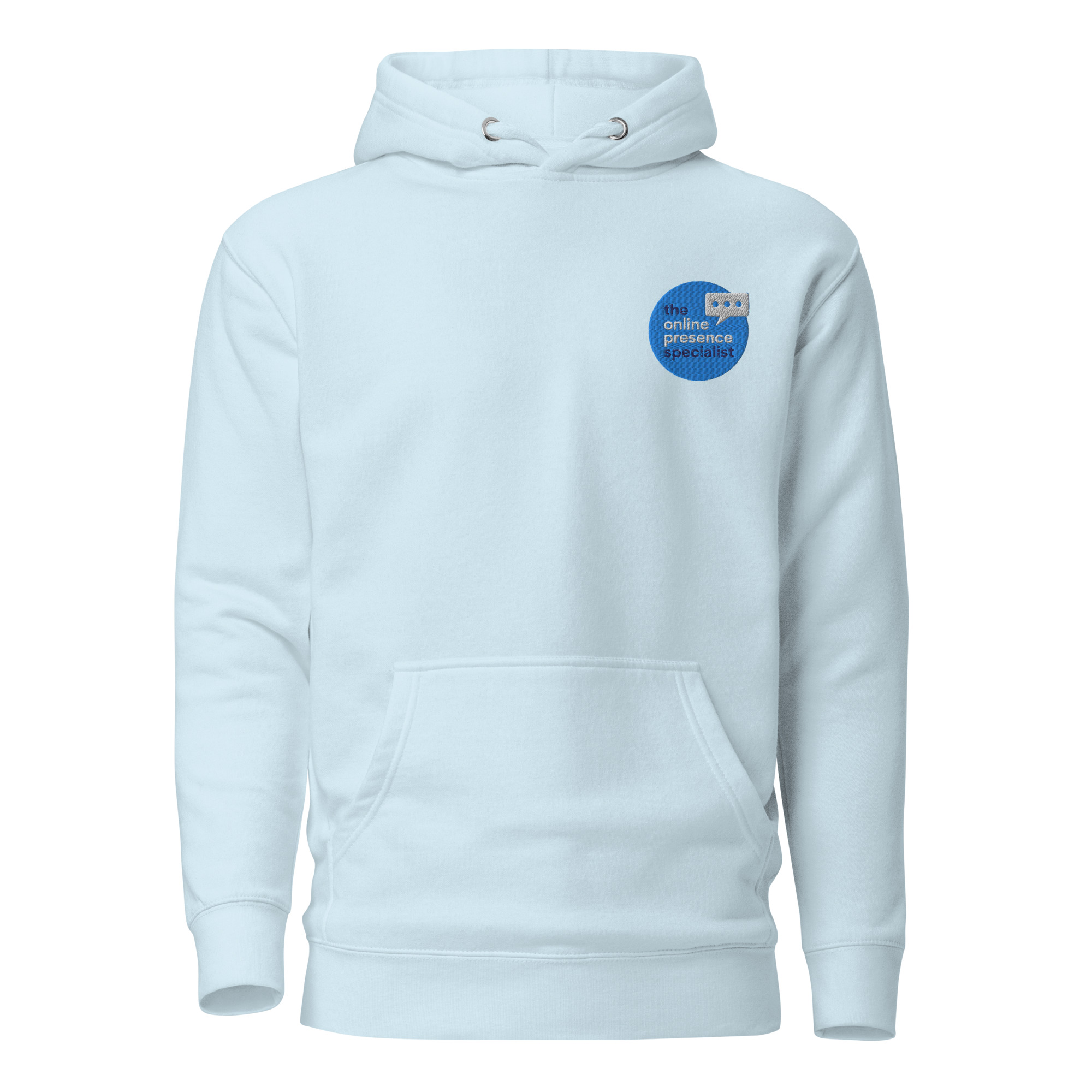sky blue hoodie online presence specialist logo hoodie merch