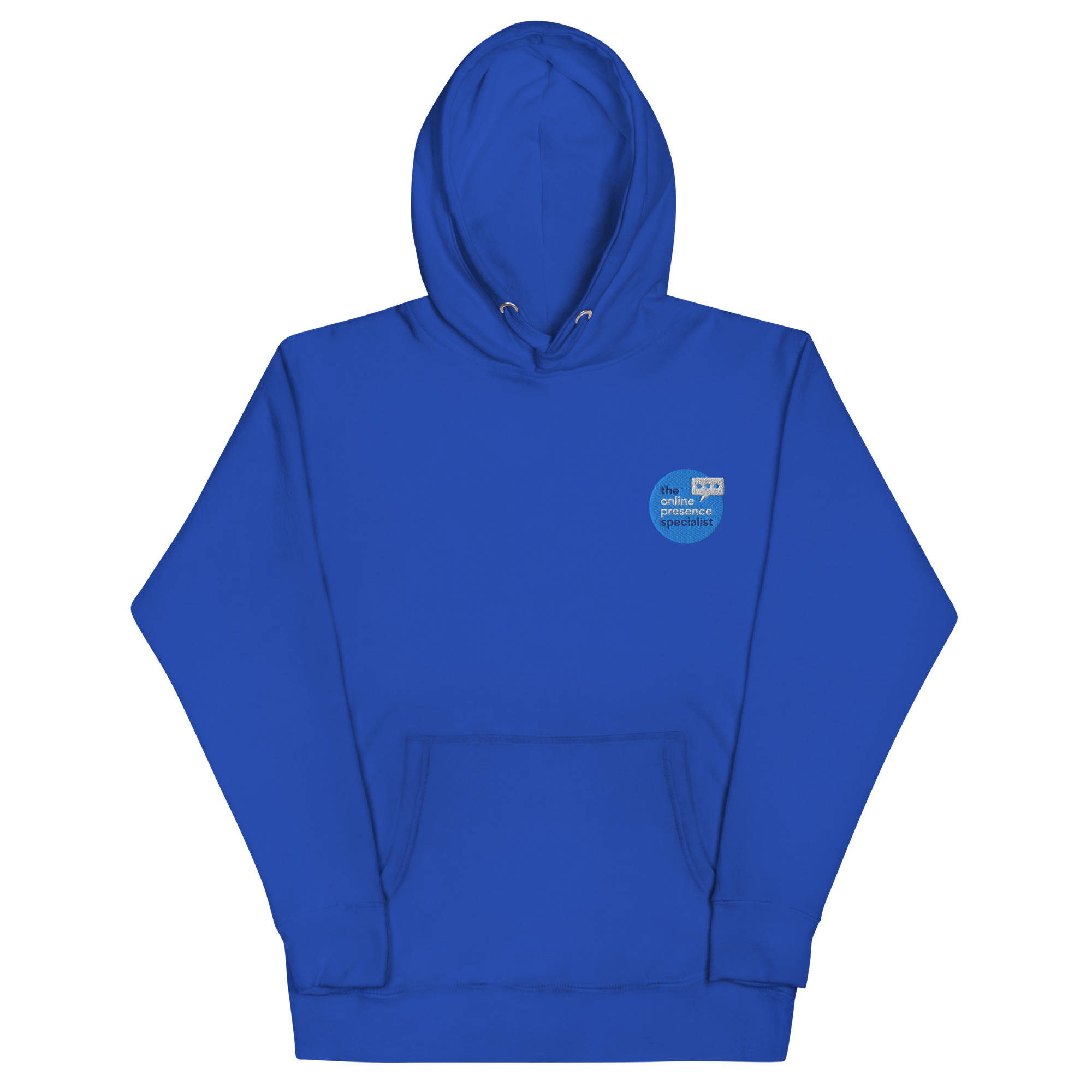 premium royal blue hoodie flat image online presence specialist merch