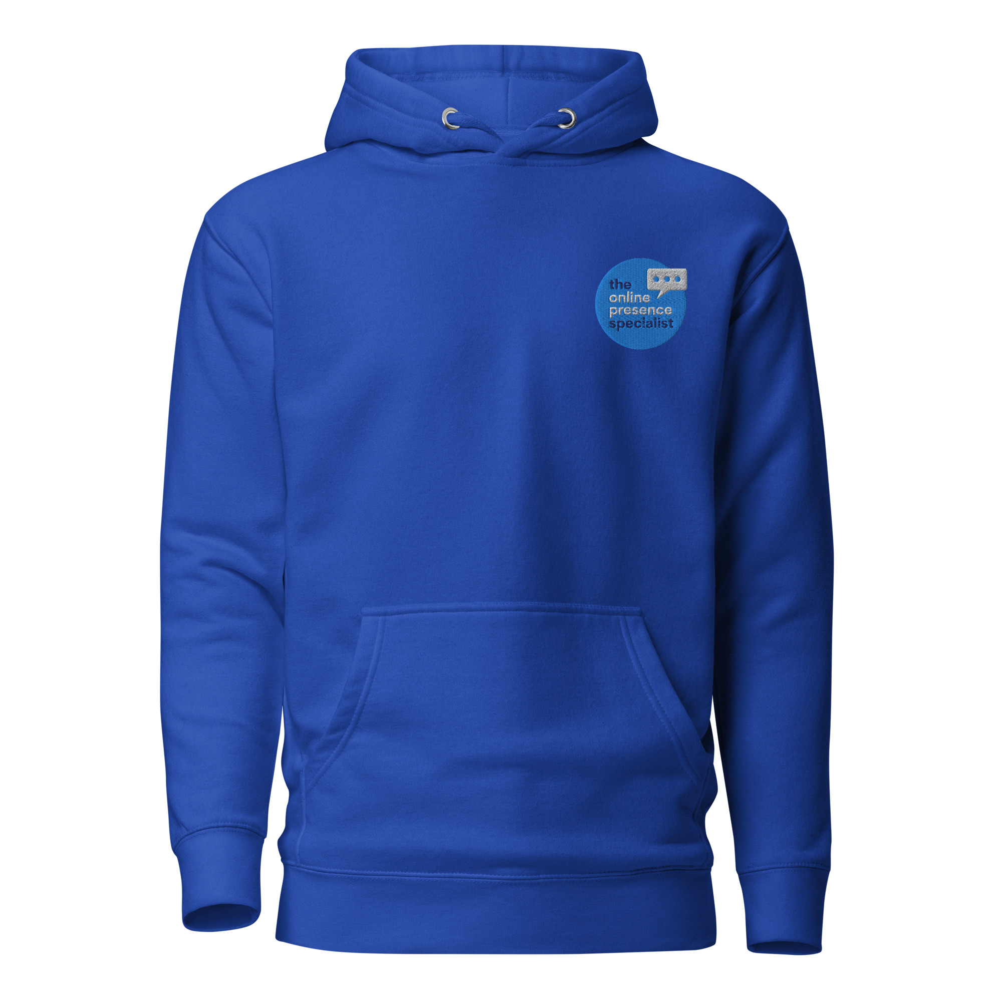royal blue hoodie from online presence specialist merch with ops logo featured on the left lapel